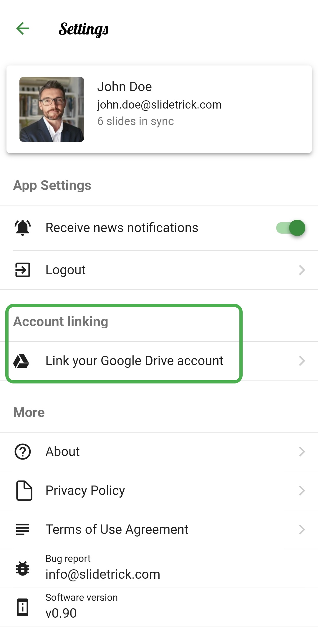 Screenshot from the SlideTrick app, showing where to connect Google Drive account to SlideTrick