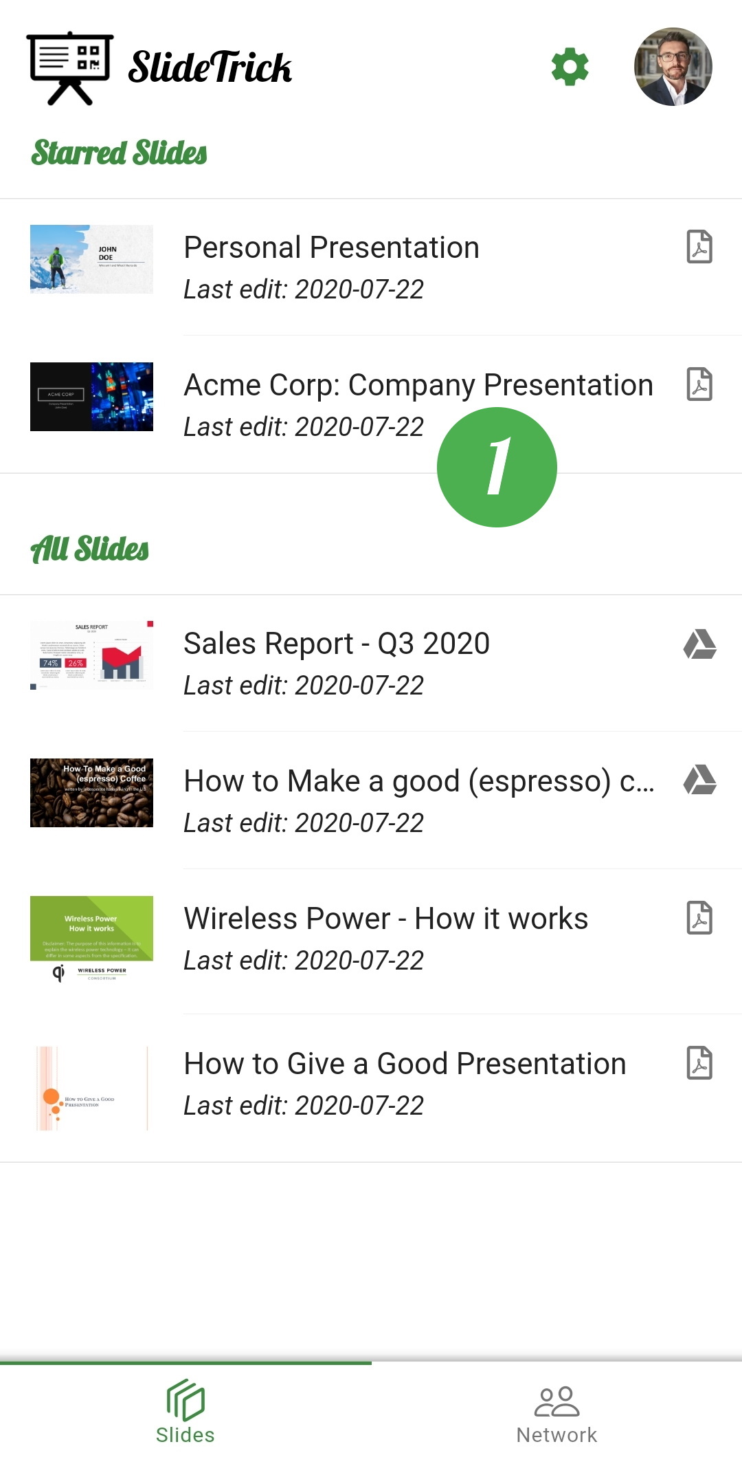 Screenshot from the SlideTrick app, choosing a presentation from the list