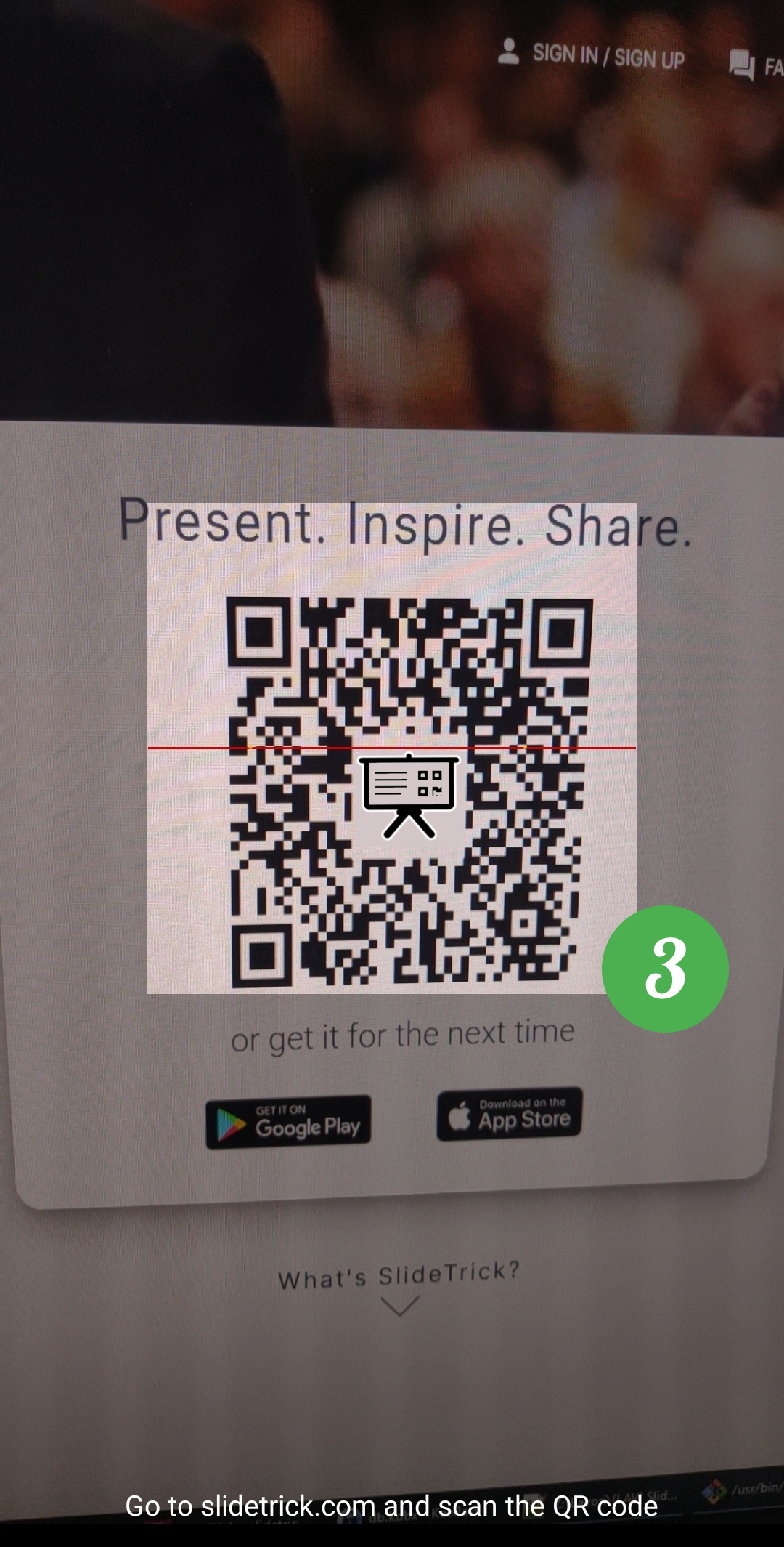 Screenshot from the SlideTrick app, frame the QR code on SlideTrick home page from the smartphone camera