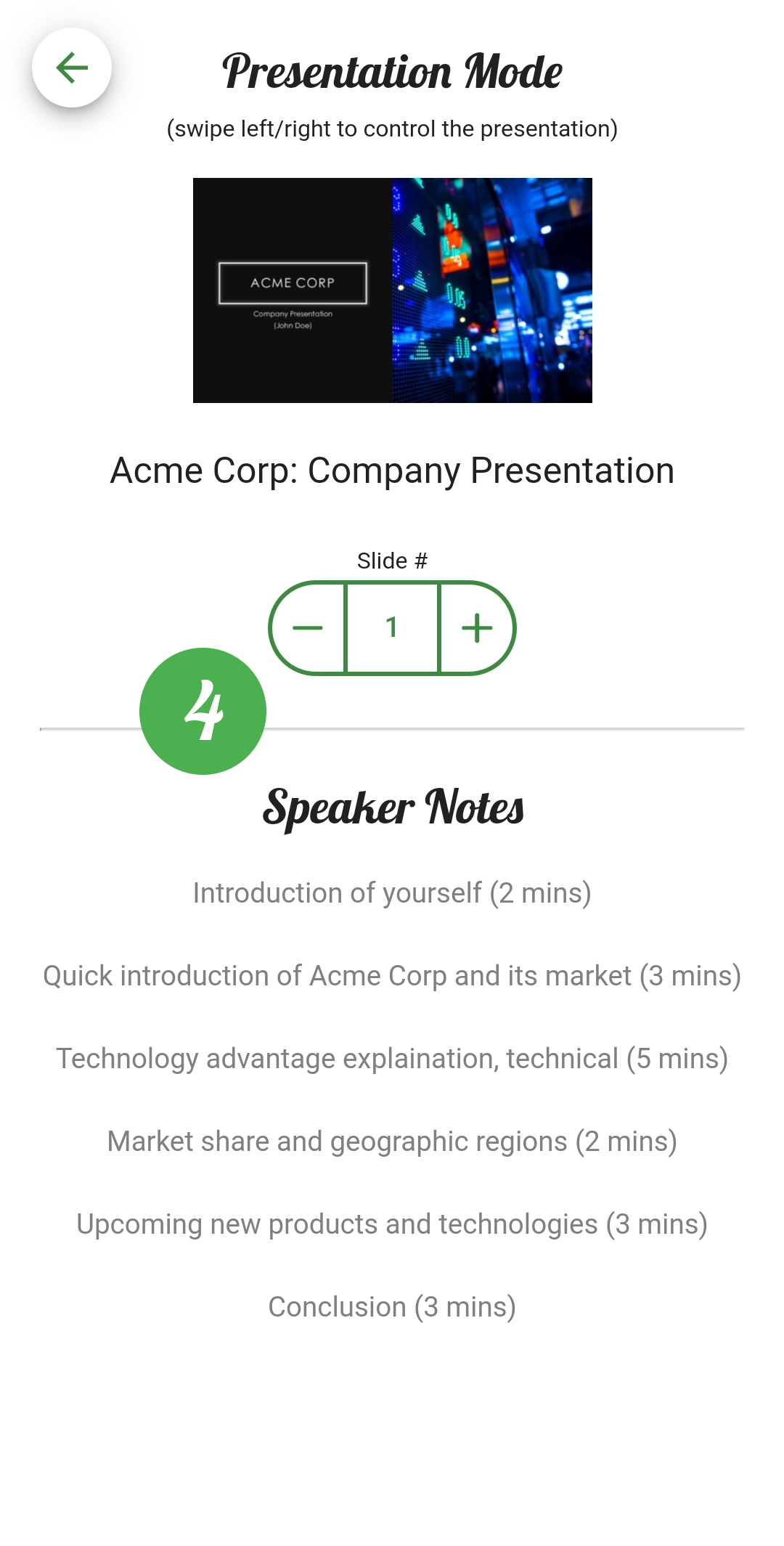 Screenshot from the SlideTrick app, reading speaker notes from the smartphone and controlling the slides using swipes on the screen