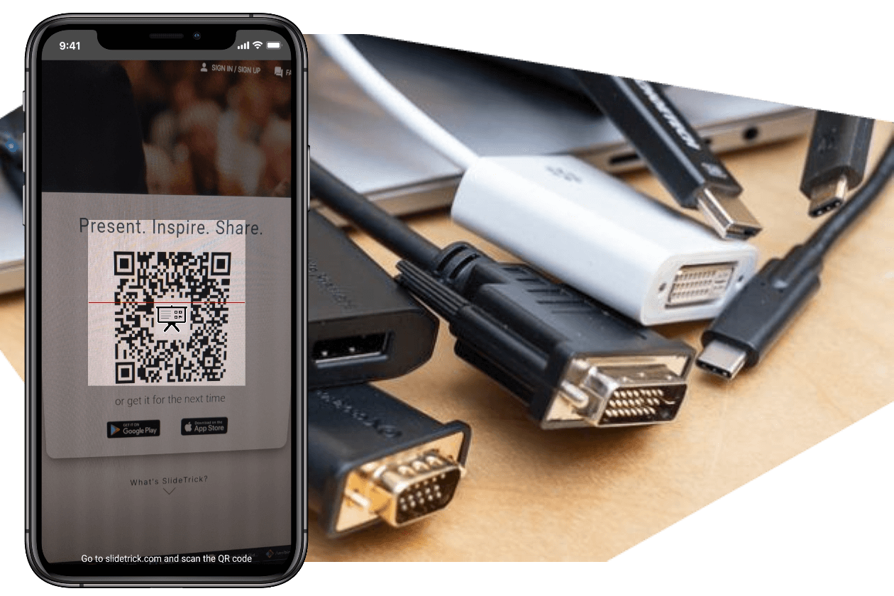 Screenshot from SlideTrick presentation, showing the moment of scanning the QR code on SlideTrick home page to start a presentation
